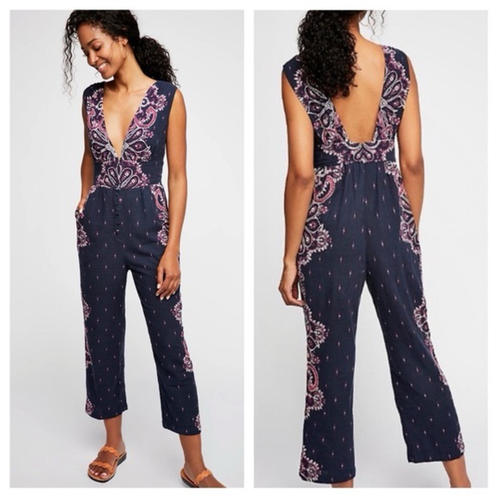 Free People Navy Paisley Print Deep V Jumpsuit